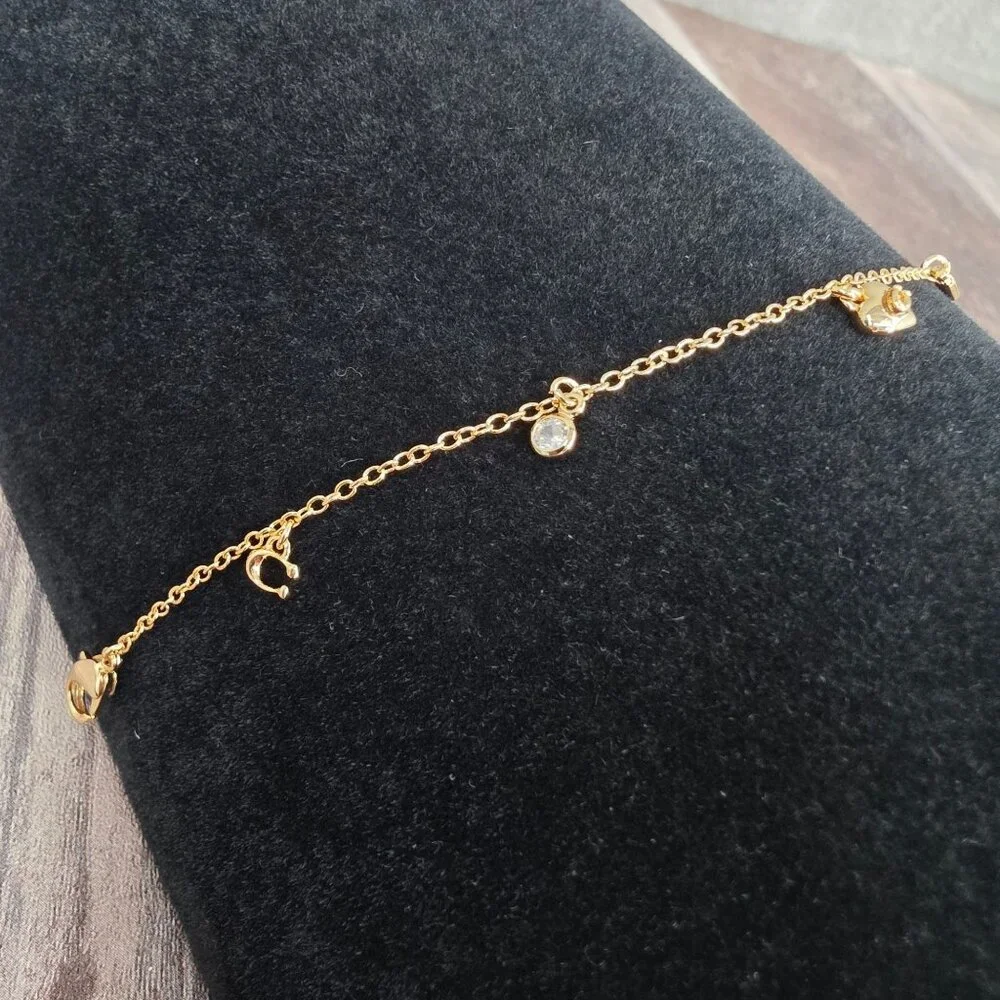 COACH Signature C Charm Bracelet 14K Gold Plated Hangtag Cubic Zirconia Gift New